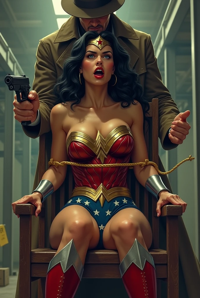 Wonder Woman is sitting on a wooden chair with her arms (((behind her back:1.5))) and her body is bind with glowing gold rope. A man in a fedora and trench coat stands with a pistol held against her head. Wonder Woman, (Intricate Details, Makeup), (Delicate and Beautiful Delicate Face, Delicate and Beautiful Delicate Eyes, Face with Perfect Proportions), (Realistically shiny Skin:0.8), Delicate Skin, Strong and Realistic Blue Eyes, Realistic Black Hair, Lips, Makeup, Natural Skin Texture, tiara, red and gold bustier, blue leotard with white stars, ((silver wrist bracelets:1.2)), ((Red knee high boots:1.2)) golden belt, (Wonder Woman clothing:1.1), bare shoulders, mature, sexy, elastic muscles, (muscles:1.2), ((strong and healthy body)), long legs, curves, (big breasts:1.3), thin waist, soft waist, (delicate skin), (beautiful and sexy woman), (swollen lips:0.9),(swollen lips:0.9), (eyelashes:1.2), (long wavy black hair:1.1), feminine, detailed body, (detailed face:1.1), perfect body, perfect anatomy, perfect details, perfect fingers, Perfect limbs, thigh gap, mature, sexy, thick thighs, wide buttocks. sweating, sweating_profusely. She is fear and in shock with open mouth. Mature. Wondar Woman movie poster with Logo. The location is empty warehouse. Sexy Pose. Very sexy.