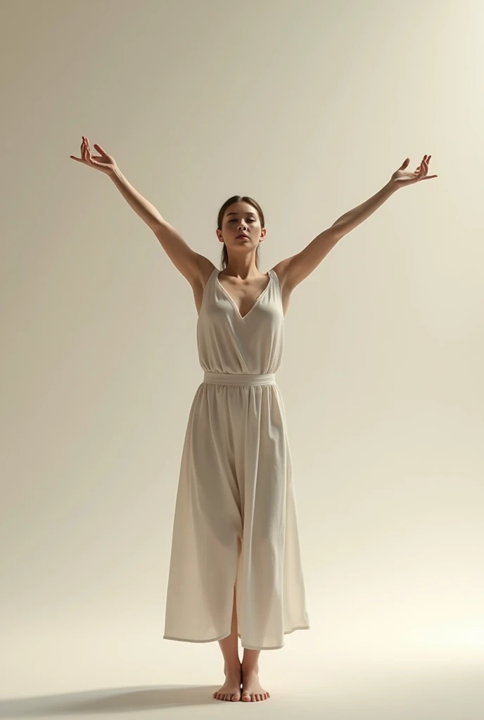 The person is raising both arms upwards, with open hands and moving them to the sides, possibly representing a stretch of the arms or shoulders.