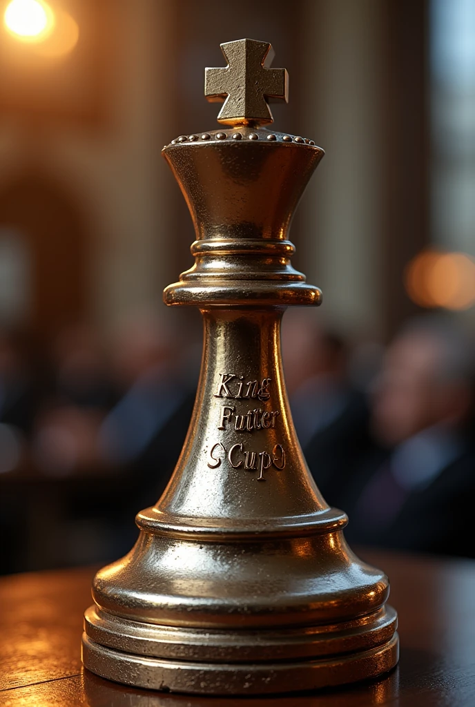 A trophy shaped like a chess piece that says king futer cup