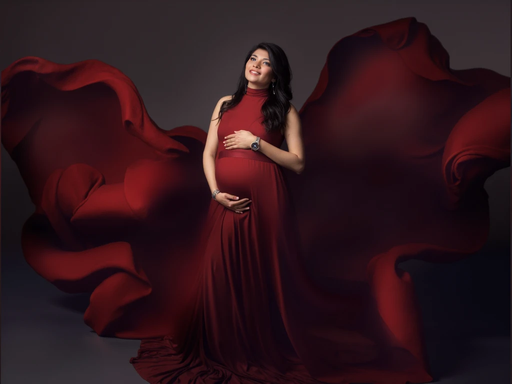 a pregnant woman in a dress standing in a field of flowers, very beautiful long slim legs, red gown, elegant glamourous cosplay, delicate ex embellishments, in deep forest hungle, aphrodite goddess of love, extremely pale, ballet, , asian girl