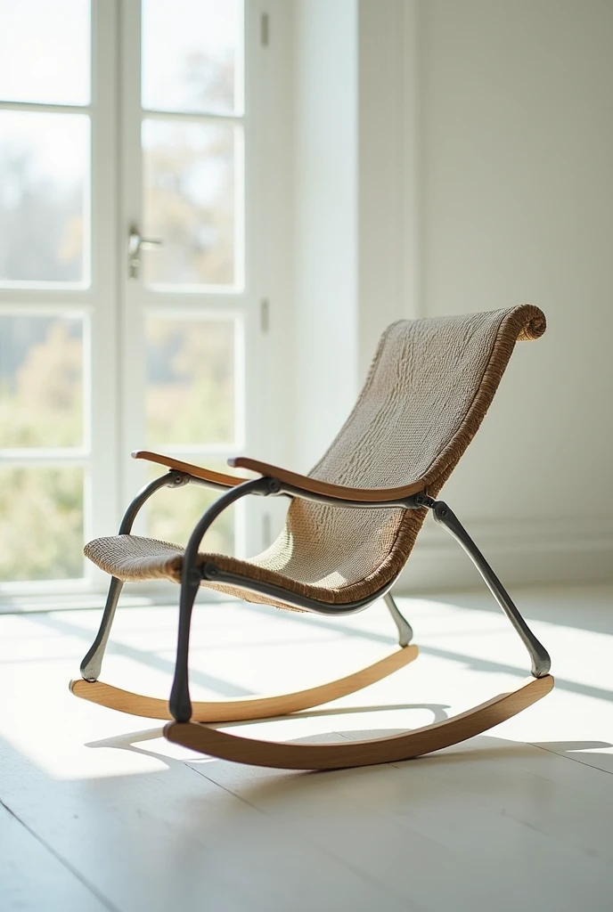 Imagine the rocking chair with the existing design, that mixes elements of the Shaker style with Art Nouveau, com linhas suaves e curvas elegantes. sada, at the feet of the chair, instead of continuous and circular lines, let&#39;s incorporate dragonfly wings.

The wings could be delicately stylized, made of steel or metal. These wings would extend from the legs of the chair outwards., creating an effect of lightness and movement, as if the chair was about to take flight.

The wings could have engraved or carved details, like veins or textures, that resemble the real structure of a dragonfly&#39;s wings. Furthermore, the wing structure could be reinforced with a thin, elegant metal, to ensure that they are both decorative and functional.

This design would create a piece that combines natural elements with a futuristic and artistic touch., maintaining the essence of the chair&#39;s original style.
