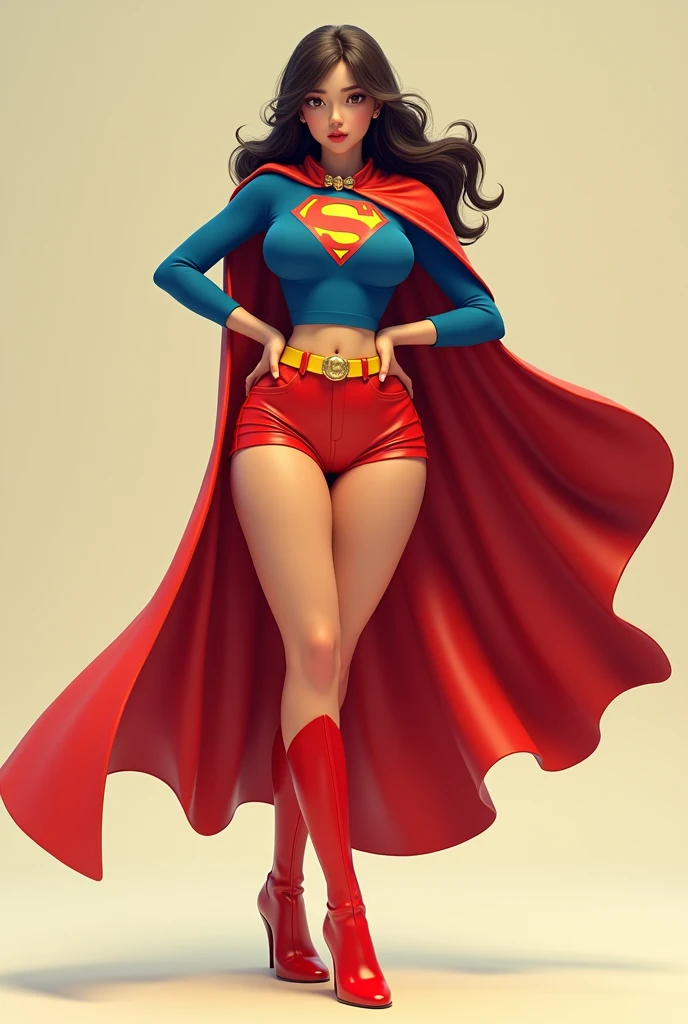 A SEXY BUSTY FEMALE WEARING A 1970 SPLIT OPEN V BUTTONLESS FULL LENGTH BLUE V BLOUSE WITH A "S" EMBLEM ON THE RIGHT SIDE OF HER CHEST, A PAIR OF RED SHORTS WITH A YELLOW BELT, TALL RED HEELED BOOTS, AND A LONG FLOWING RED CAPE.