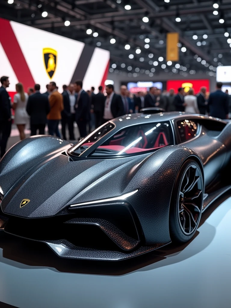 Lamborghini Hypercar Concept car in auto expo, include hyper realism, hd, 4k.