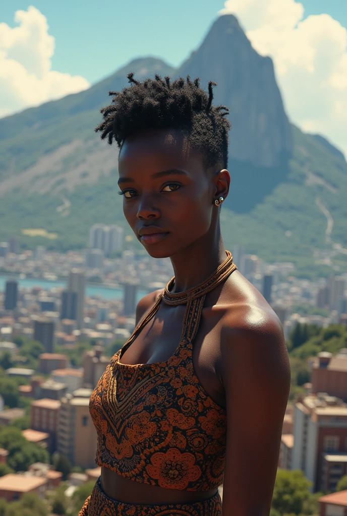 femme africaine ,les cheveux court le regard vers nous ,au sommet d'une montagne avec une ville en fond