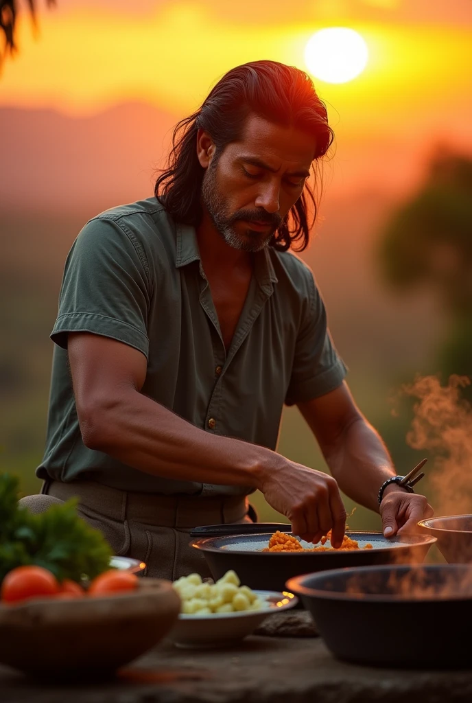 Photograph of a beautiful indigenous Colombian man with straight hair, cooking delicately, at sunset, where gold and white are the colors that stand out the most