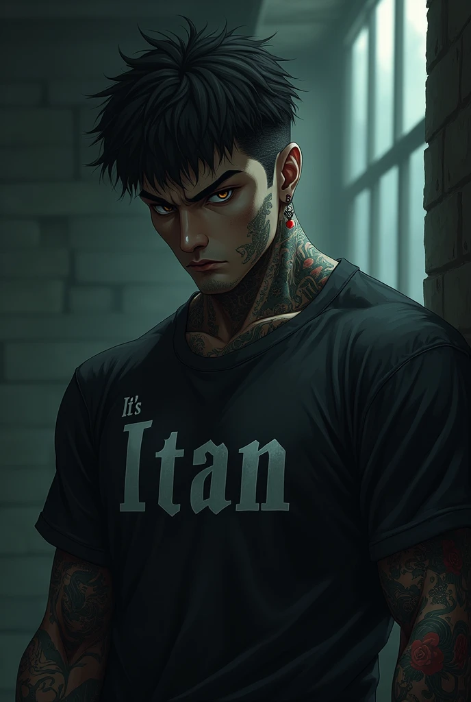 Dark anime character tattooed Chinese man with the letters "It's ian" on the t-shirt with a dark background smoking