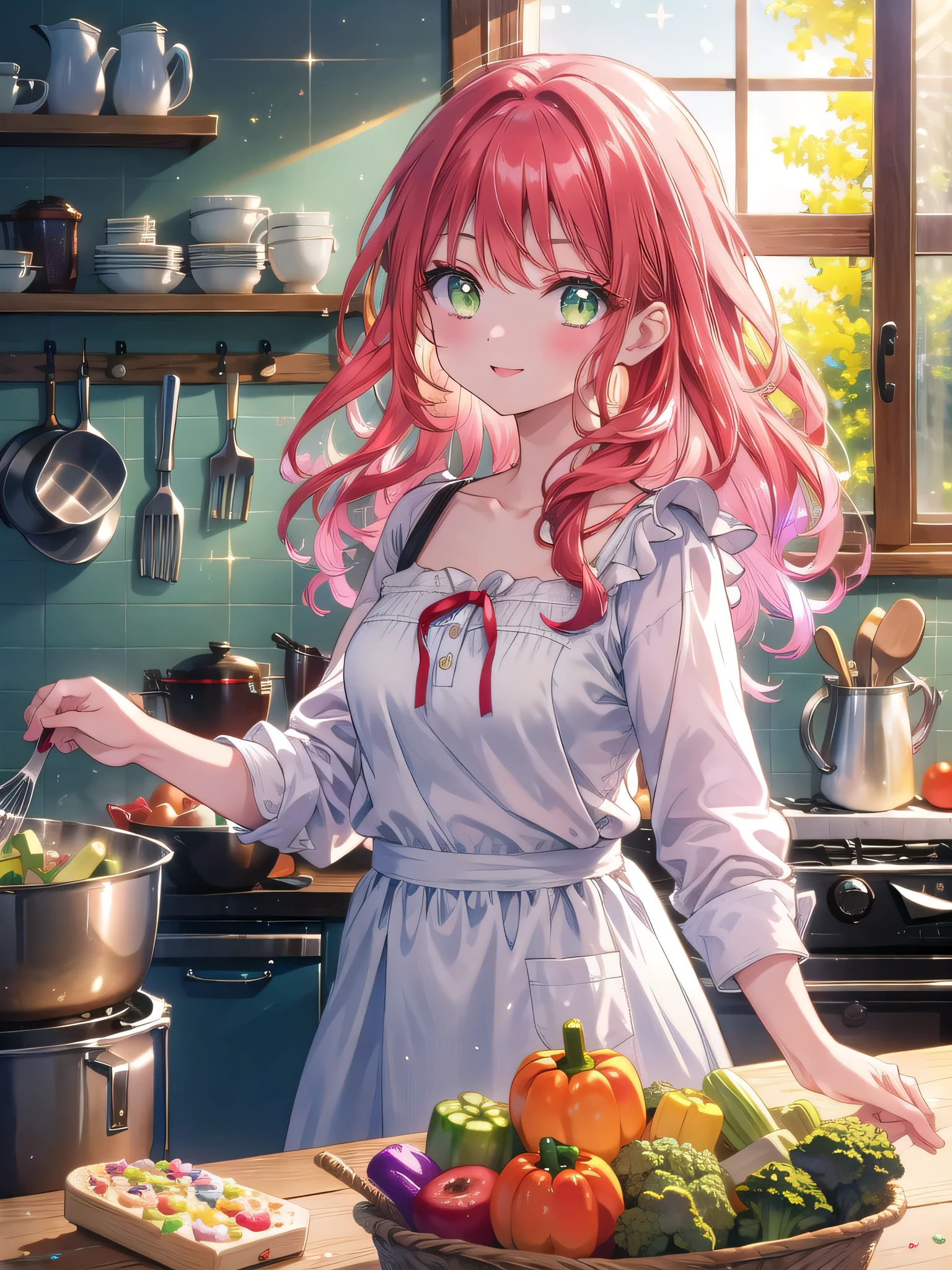 ((8k, Highest quality, masterpiece: 1.3)),Ultra-high resolution,(1 girl, alone), (Color changing eyes, Ultra-detailed, Expressive brilliance, Glitter, Glowing Eyes), Highly detailed eyes, Highly detailed face, Random Hair, ((pastel colour))A young woman with curly, shoulder-length red hair stands at the kitchen counter, chopping vegetables. She’s wearing a casual white blouse and jeans, her expression focused yet cheerful. Her green eyes occasionally glance at the camera with a proud smile, as if showing off her culinary skills. The kitchen is bright, with sunlight pouring in through a window, and the countertop is filled with fresh ingredients. Her partner is in the background, setting the table, adding to the sense of a shared life together.