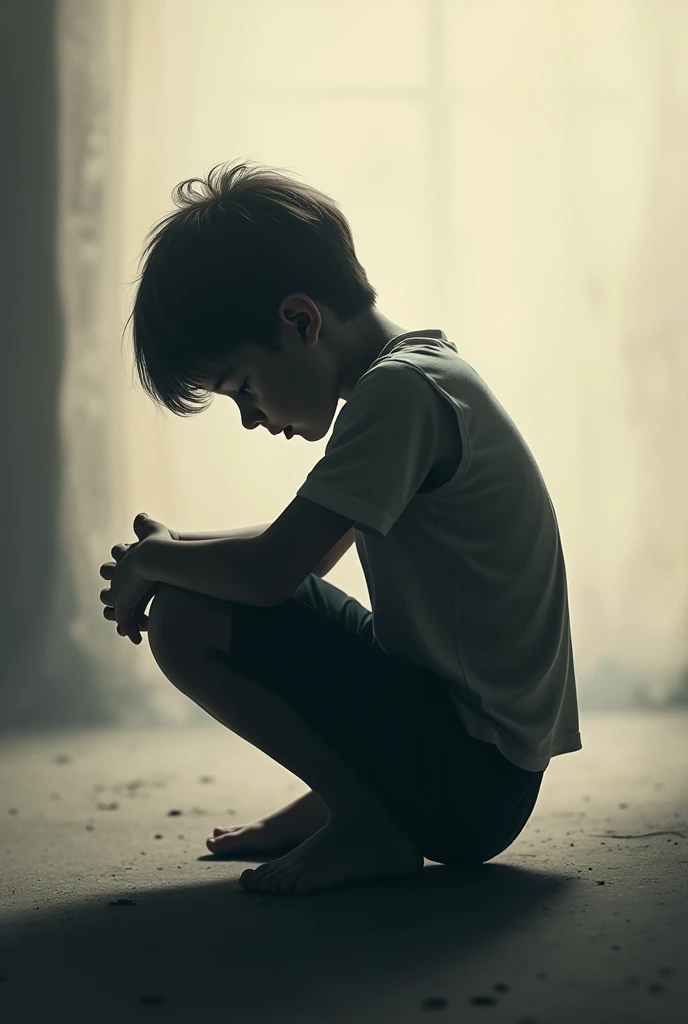 A shadow of a boy crying