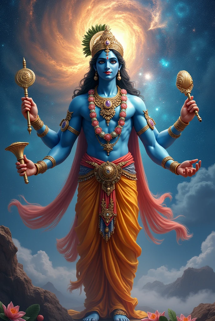 Lord krishana with four hands standing in universe facing in front 