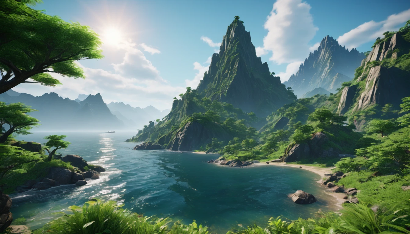 There is a sprawling mountain range covered in greenery.，There is a highest mountain by the sea（best quality，4K，8k，High level，masterpiece：1.2），Ultra Detailed，（lifelike，Photo real，Photo real：1.37），Complex patterns，Realistic lighting，虚幻引擎4K壁纸,, Summer Unreal Engine 5, Beautiful landscape rendering, Mountains and Oceans, Rendered in 8k Unreal Engine, The most beautiful scenery, Epic shock, Beautiful epic vista