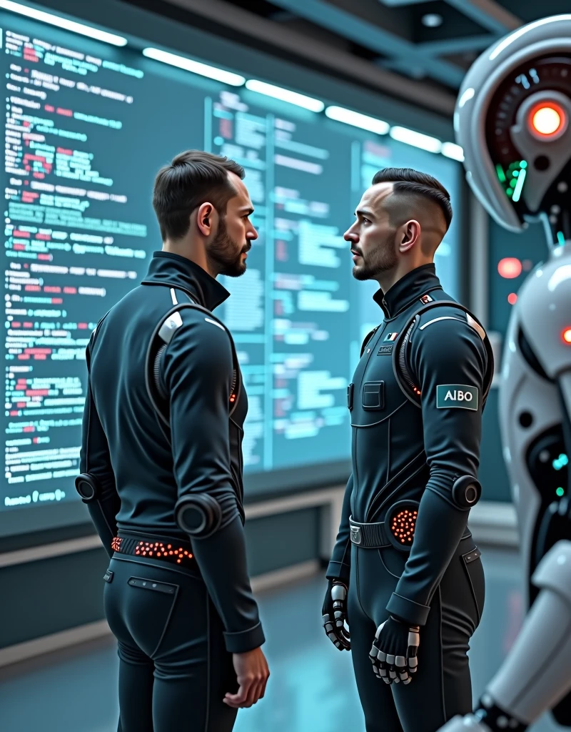 Create images of two male engineers discussing AI code in a futuristic tech lab, with an AI robot in maintenance next to them.