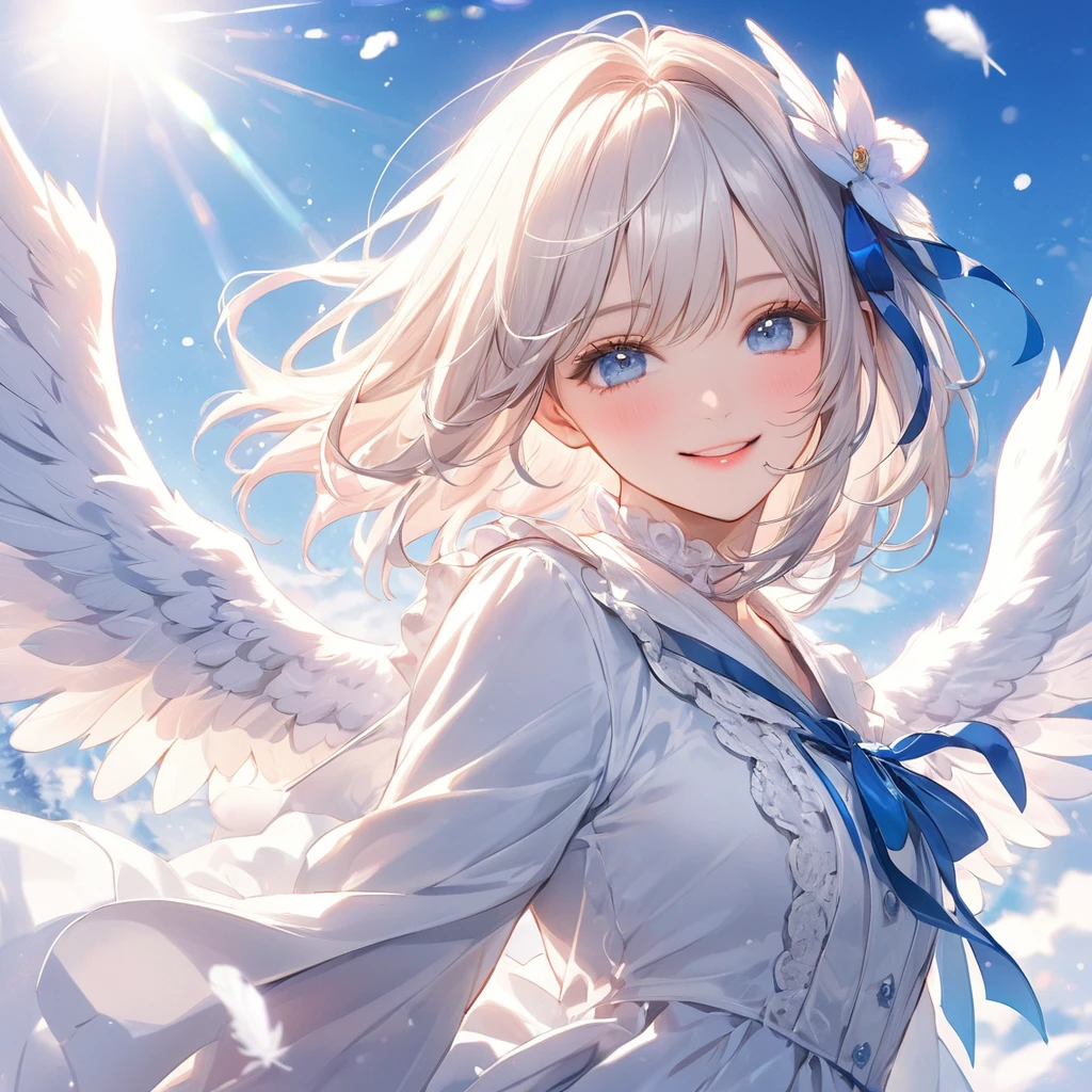 (white theme art),(top-quality),(masterpiece),(1 angel girl),(solo),Delicately drawn face,girl with a pretty face,beautiful detailed transparent blue eyes,(beautiful detailed angel wings),flapping,fluttering feathers,beautiful detailed white ****ta fashions,((white costume)),(Beautiful silky white hair:1.3),blue ribbon,snow white skin,a beautiful artistic illustration,white theme,beautiful smile,(From the side),(glancing sideways),cowboy shot,vivid color,soft gradient,pastel,lens flare,(floating in the blue sky)