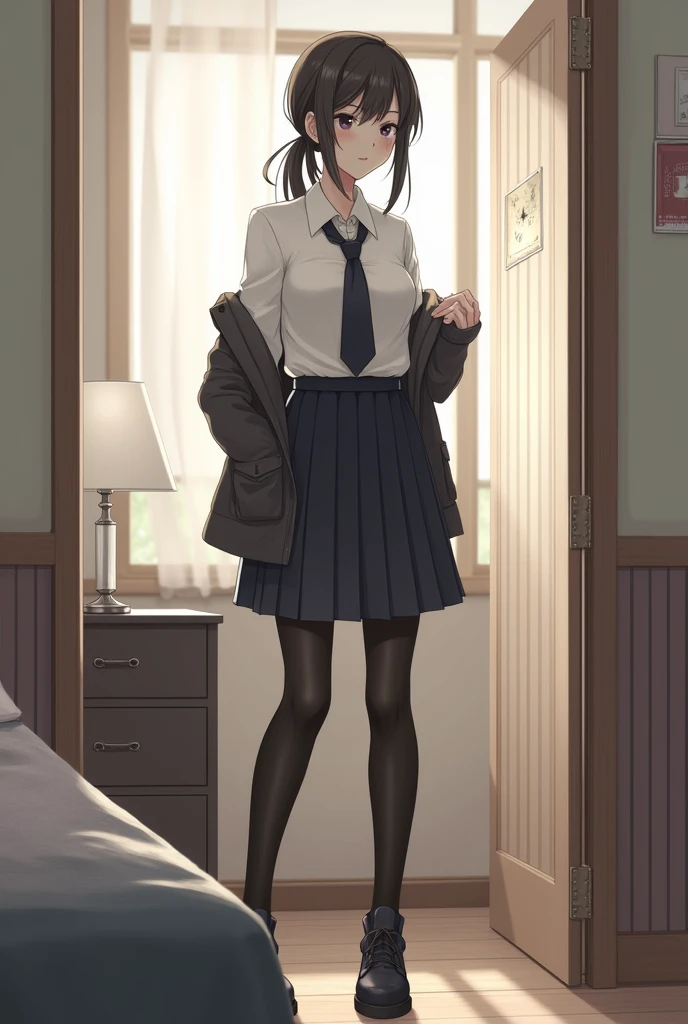 The sound of the alarm wakes me up, it's 6 o'clock, so I have to go study., And as usual, I do my daily routine and take a shower., I brush my teeth and get ready. My uniform is a white long-sleeved button-down shirt., with a black tie, a pleated skirt, a jacket, long knee-high stockings and all-black booties, I put my hair up in a low ponytail with two loose strands on the sides of my face and ready to study the truth is I don't care much about my appearance, I'm not the typical girl who wears makeup and revealing clothes to look supposedly more beautiful., when they clearly do it so they can take them to bed...