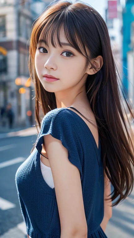 flying debris、Highest quality、shape、 Very detailed、Finer details、 High resolution、8K デンデ wallpaper、完璧なダイナミックな構shape、2. Beautiful girl、clear、Beautiful face in every detail、Beautiful eyes in every detail、Rough skin、A faint smile、Small breasts、Knit dress、Neon Light、Blue background,whole body、Navy blue clothes