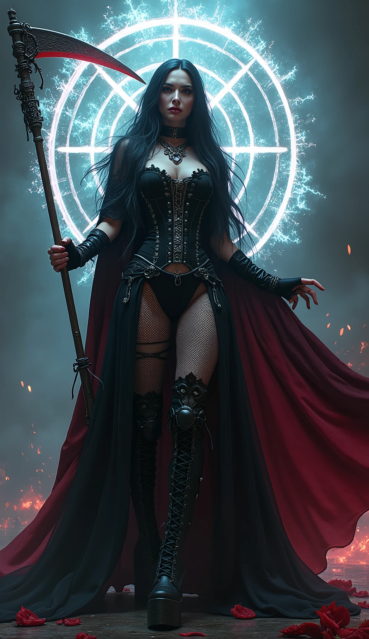  a   tall emo super pale witch gothic angry woman in witch hat, black velvets, lace, fishnets and leather tinged with scarlet or purple, accessorized with tightly laced corsets, gloves, platform boots and silver jewellery depicting occult themes wicked smile evil smirk  shredding magic and reaping scythe with swagger with  glowing hex circle magic infusion design  , depicting occult themes, dead souls coiled around her 