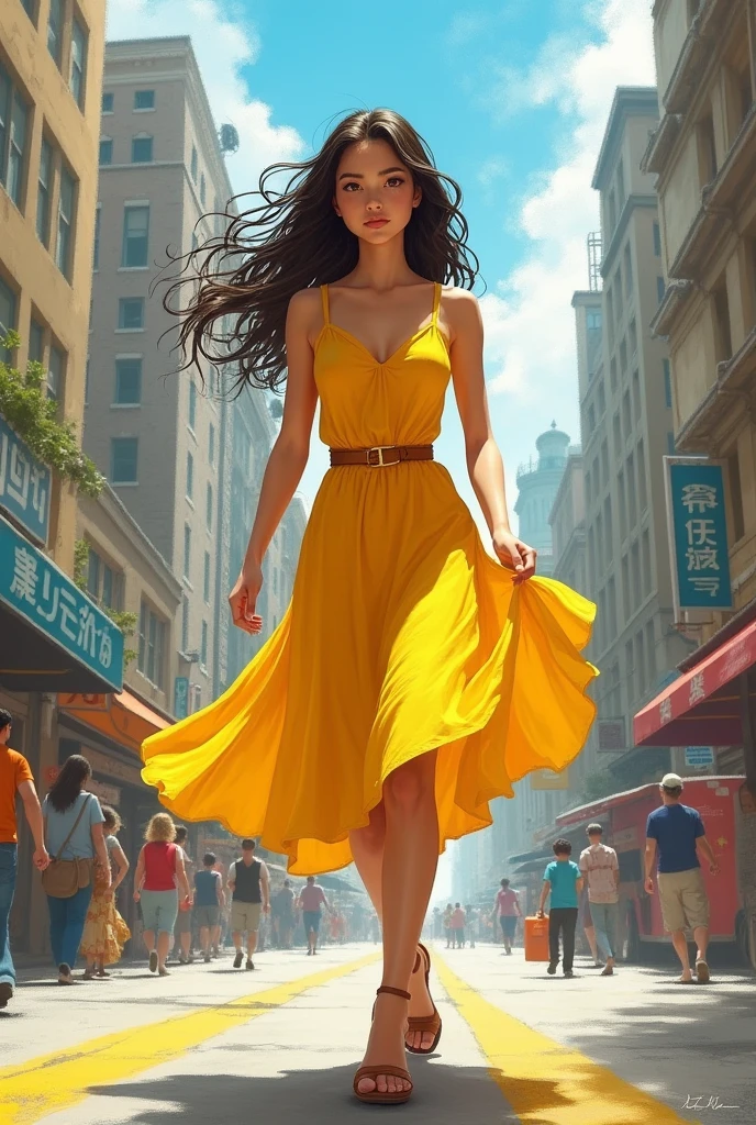 A girl wearing yellow sleeveless frock walking speedily in streets and thinking something serious 