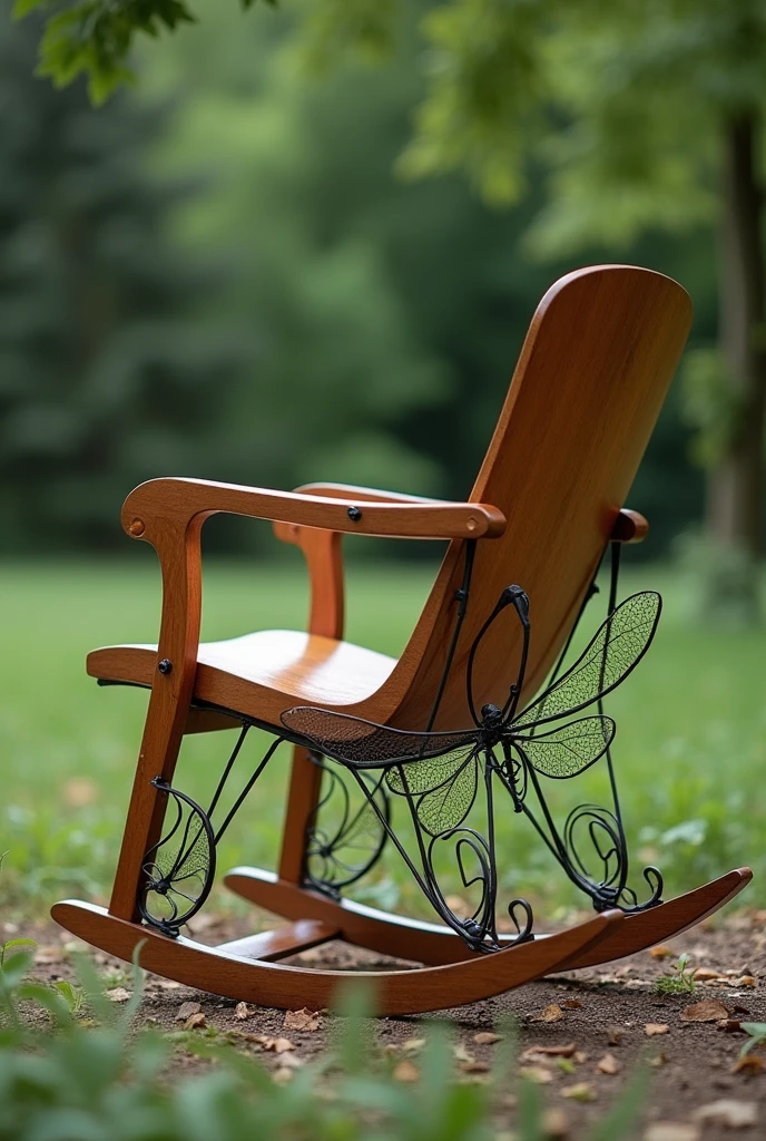 Imagine the rocking chair with the existing design, that mixes elements of the Shaker style with Art Nouveau, com linhas suaves e curvas elegantes. sada, at the feet of the chair, instead of continuous and circular lines, let&#39;s incorporate dragonfly wings.

The wings could be delicately stylized, made of steel or metal. These wings would extend from the legs of the chair outwards., creating an effect of lightness and movement.

The wings could have engraved or carved details, like veins or textures, that resemble the real structure of a dragonfly&#39;s wings. Furthermore, the wing structure could be reinforced with a thin, elegant metal, to ensure that they are both decorative and functional.

This design would create a piece that combines natural elements with a futuristic and artistic touch., maintaining the essence of the chair&#39;s original style.