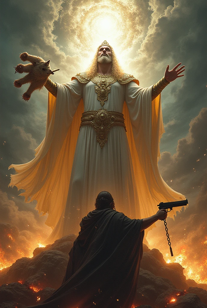 Create a picture of God defeating the devil with a picture of a canserbero in his left hand and a cigarette and a gun in his right hand 