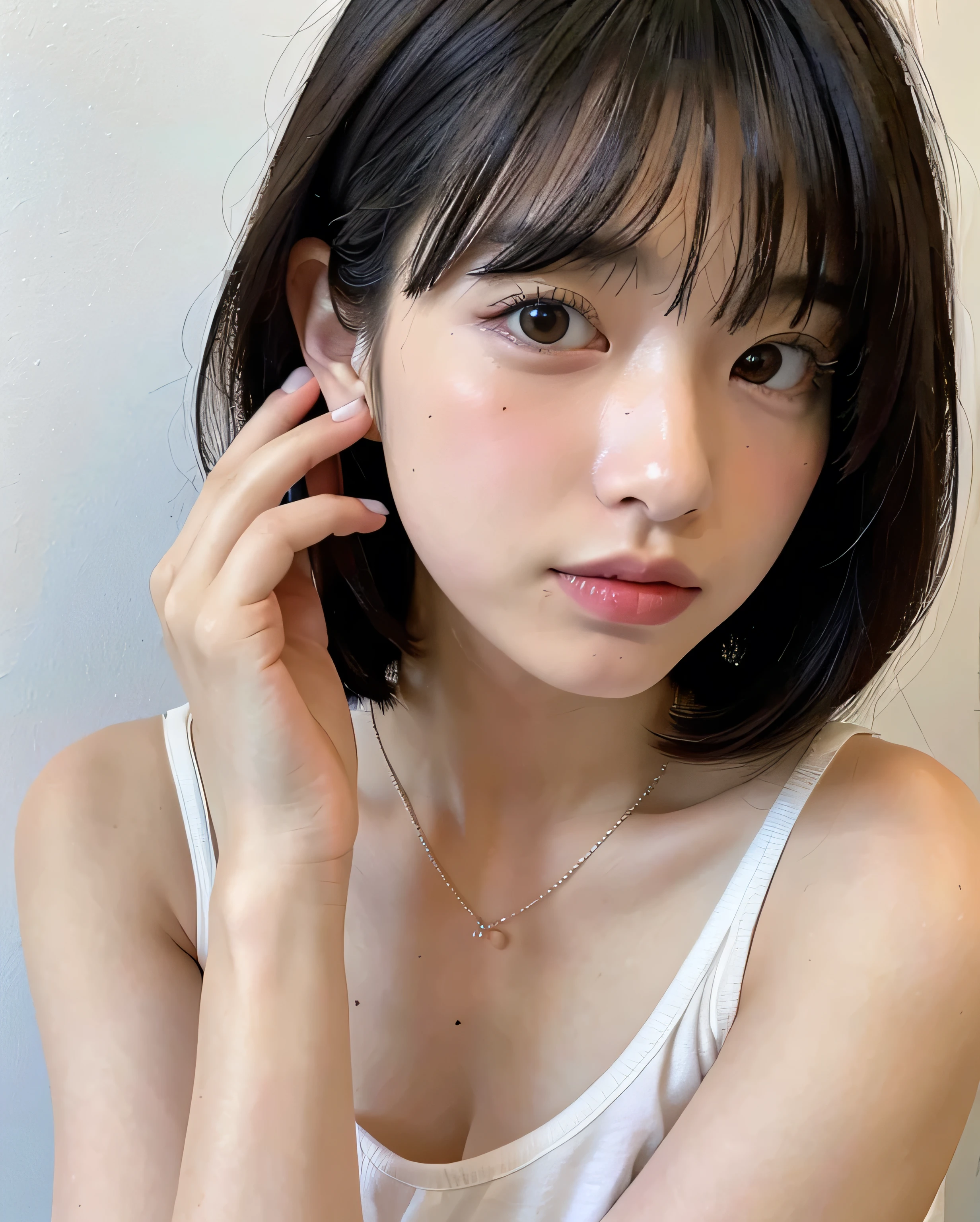 (Very realistic photos, concentrate、High resolution, Detailed face, Beautiful Eyes), ((Photographed in front of a white wall))、Japanese women, 20-year-old, various expressions, Upper Body、alone:1, Slim figure, Mr.々Hair style,Black sheer top、 Only one person is in the photo、Photographed in natural light、Simple Necklace、Bob Hair、Shortcuts、Looking into the camera