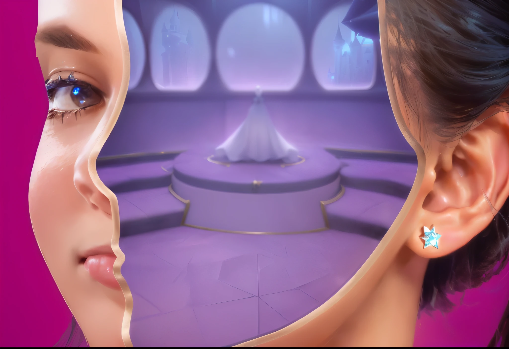 there is a woman with a star earring in front of a mirror, stylized digital illustration, inside her surreal vr castle, alien room background, virtual metaverse room, 3 d stylize scene, 3 d render stylized, in the background, smooth 3d cg render, rendering of beauty pageant, stylized as a 3d render, stylized digital art
