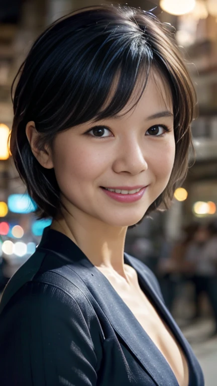 Cute wife、1 person,Slim face ,8k,Super Realistic image quality,Dynamic Shadows,Sparkling eyes,Clear black eyes,Cinema Lighting,Dark back alley,night,Darkness of the city,suit, ((face close up:1.5)),((Smile)),((Random short hair)),((Very short bangs)),close, 8k, RAW Photos, Highest quality, masterpiece,Realistic, photo-Realistic,Cowboy Shot