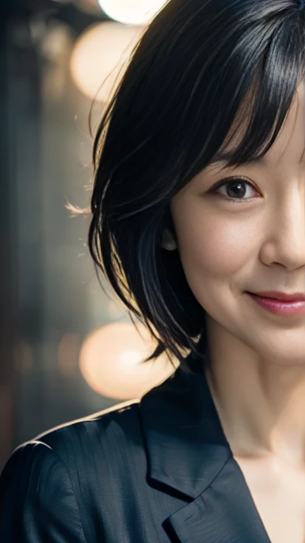Cute wife、1 person,Slim face ,8k,Super Realistic image quality,Dynamic Shadows,Sparkling eyes,Clear black eyes,Cinema Lighting,Dark back alley,night,Darkness of the city,suit, ((face close up:1.5)),((Smile)),((Random short hair)),((Very short bangs)),close, 8k, RAW Photos, Highest quality, masterpiece,Realistic, photo-Realistic,Cowboy Shot
