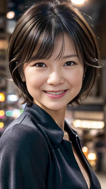 Cute wife、1 person,Slim face ,8k,Super Realistic image quality,Dynamic Shadows,Sparkling eyes,Clear black eyes,Cinema Lighting,Dark back alley,night,Darkness of the city,suit, ((face close up:1.5)),((Smile)),((Random short hair)),((Very short bangs)),close, 8k, RAW Photos, Highest quality, masterpiece,Realistic, photo-Realistic,Cowboy Shot