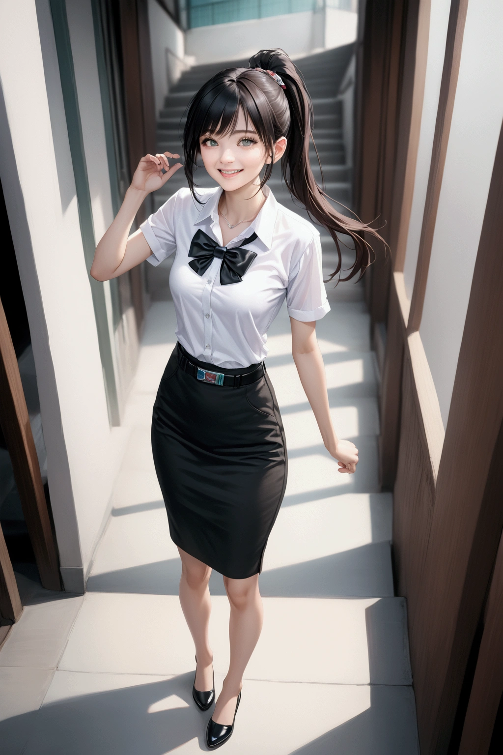 realistic anime illustration of high school girl is smiling and standing at green footbridge stairs, she is black ponytail, wearing white long short sleeve shirt with black bow, black pencil long skirt with black belt, and black flat shoes, (1girl, solo, full body), (masterpiece, best quality, japanese anime style), (expressive eyes, perfect face, perfect anatomy)