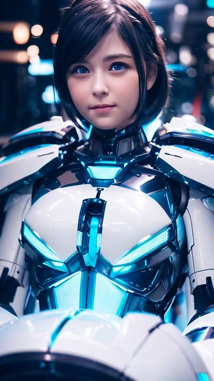 Wide-angle shot, 1 female, Mecha, Glowing blue-black eyes, Very cute face, (Realistic:1.37), バイオMechaニカル, Spaceship interior bokeh background, Ultra-realistic, Very detailed, Very intricate details, Beautiful woman in focus