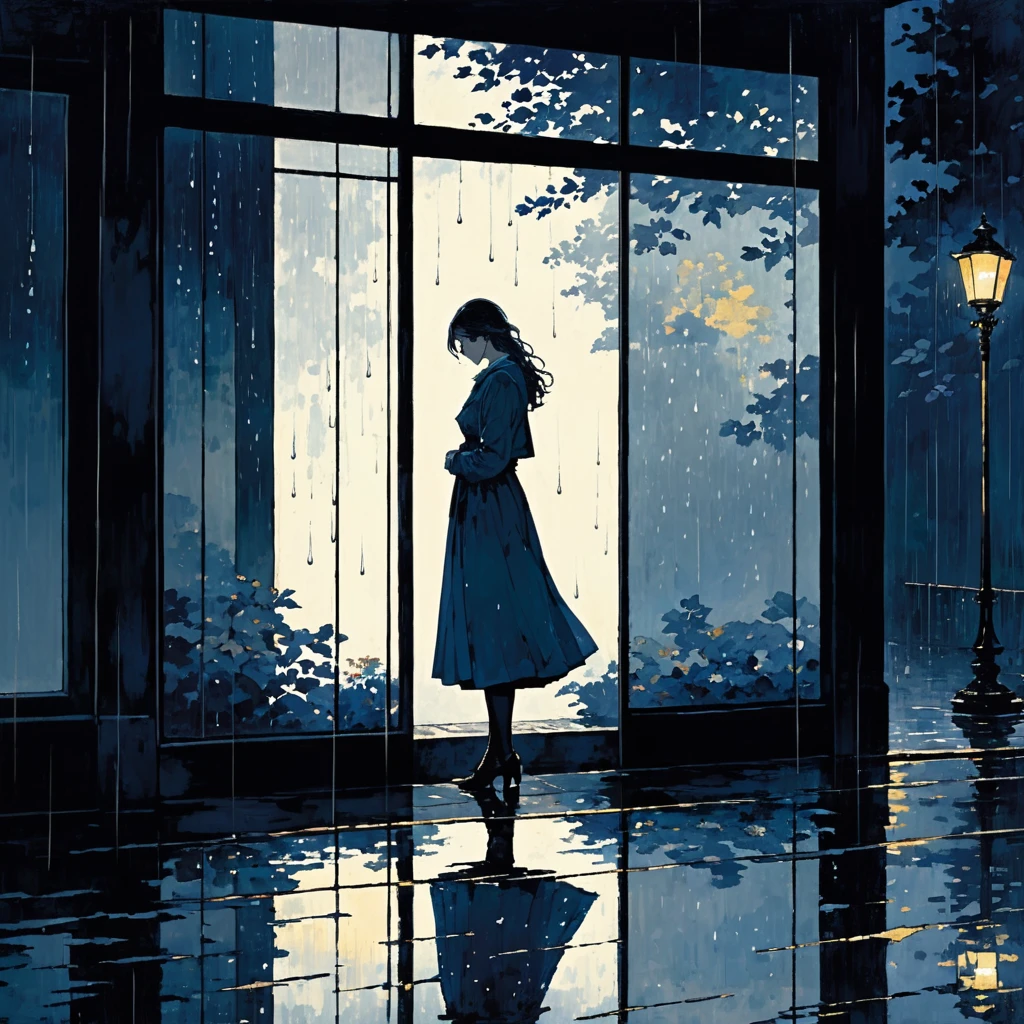 The scene shows a solitary figure standing by a window, looking out at a rainy night. Raindrops streak down the windowpane, and the figure’s reflection is faintly visible in the glass. Outside, the street is dimly lit by a single streetlamp, and the rain continues to fall gently. The room inside is dark, with only a faint light highlighting the figure's silhouette. The color palette should include deep blues, grays, and soft whites to evoke a sense of solitude, reflection, and quiet comfort