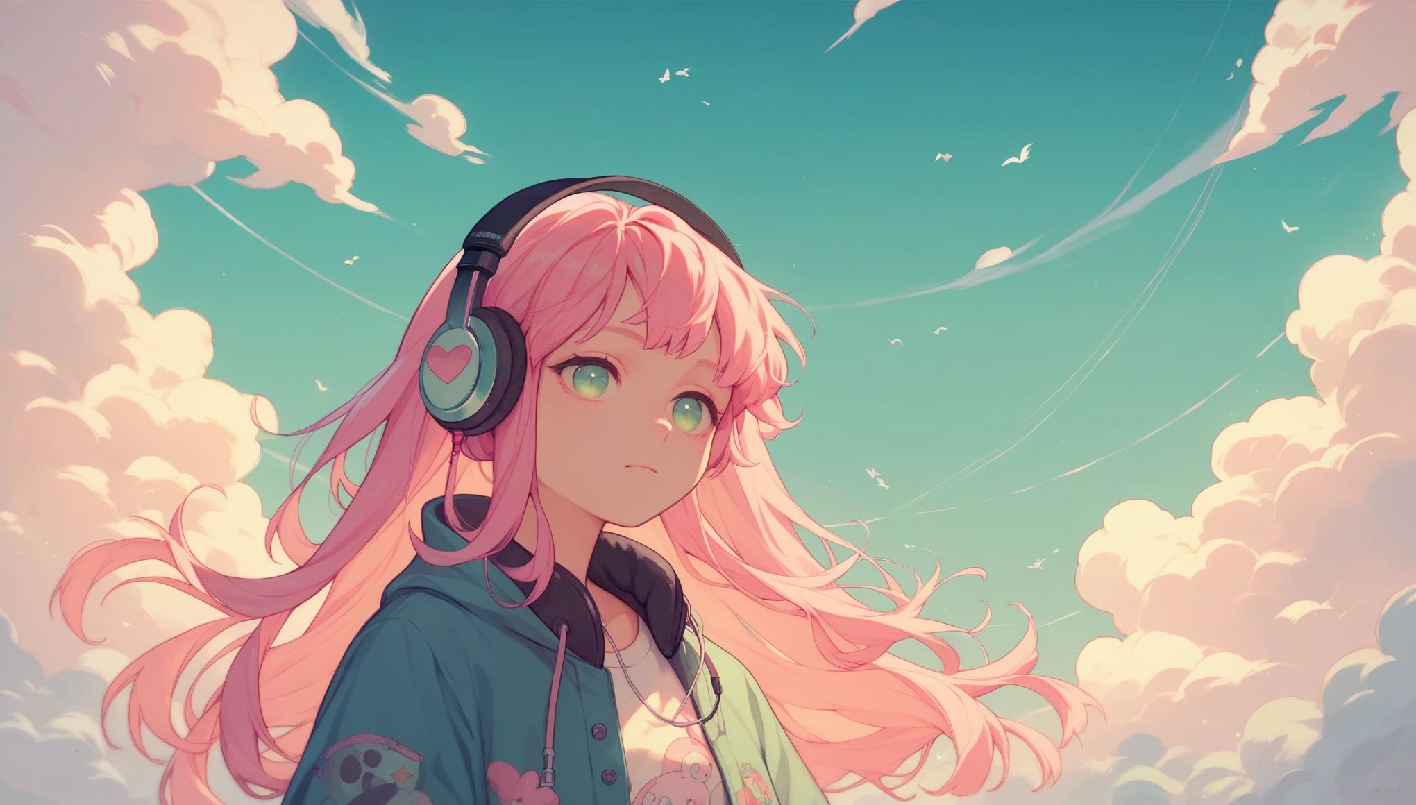 art girl with slanted eyes and pink hair and headphones, アニメ, cloudy scenery , all in pastel shades of blue, pink and green
