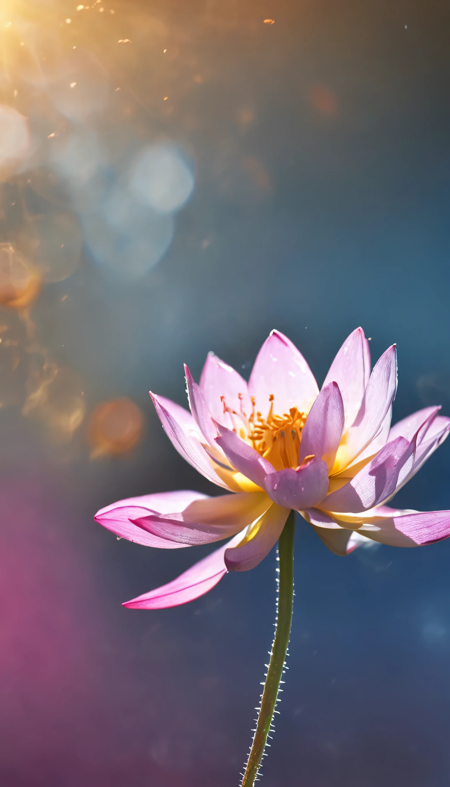 Microcosm , work of art , macro photography , spiderweb, film grain, bokeh , smoke , highy detailed, Sunny Sunny weather, Microfloral, The drops, bblurry, 1 Realistic close-up of lotus with sky blue background, soft contrasts, octane rendering , illusory motor