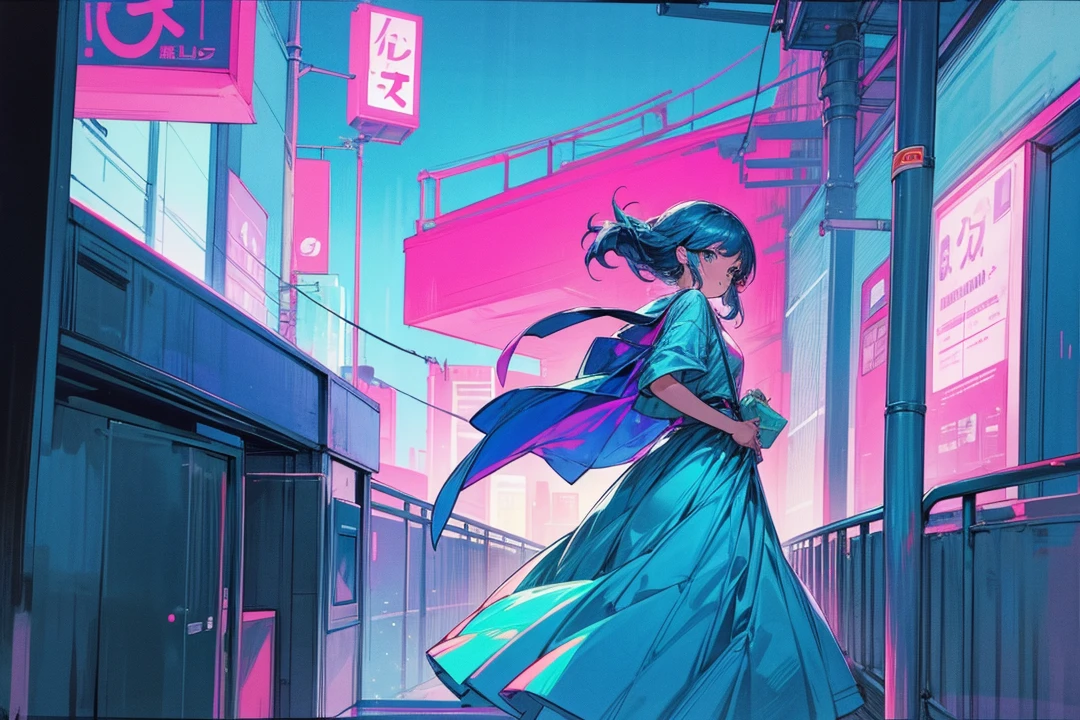 city pop style,a cool girl is walking,night