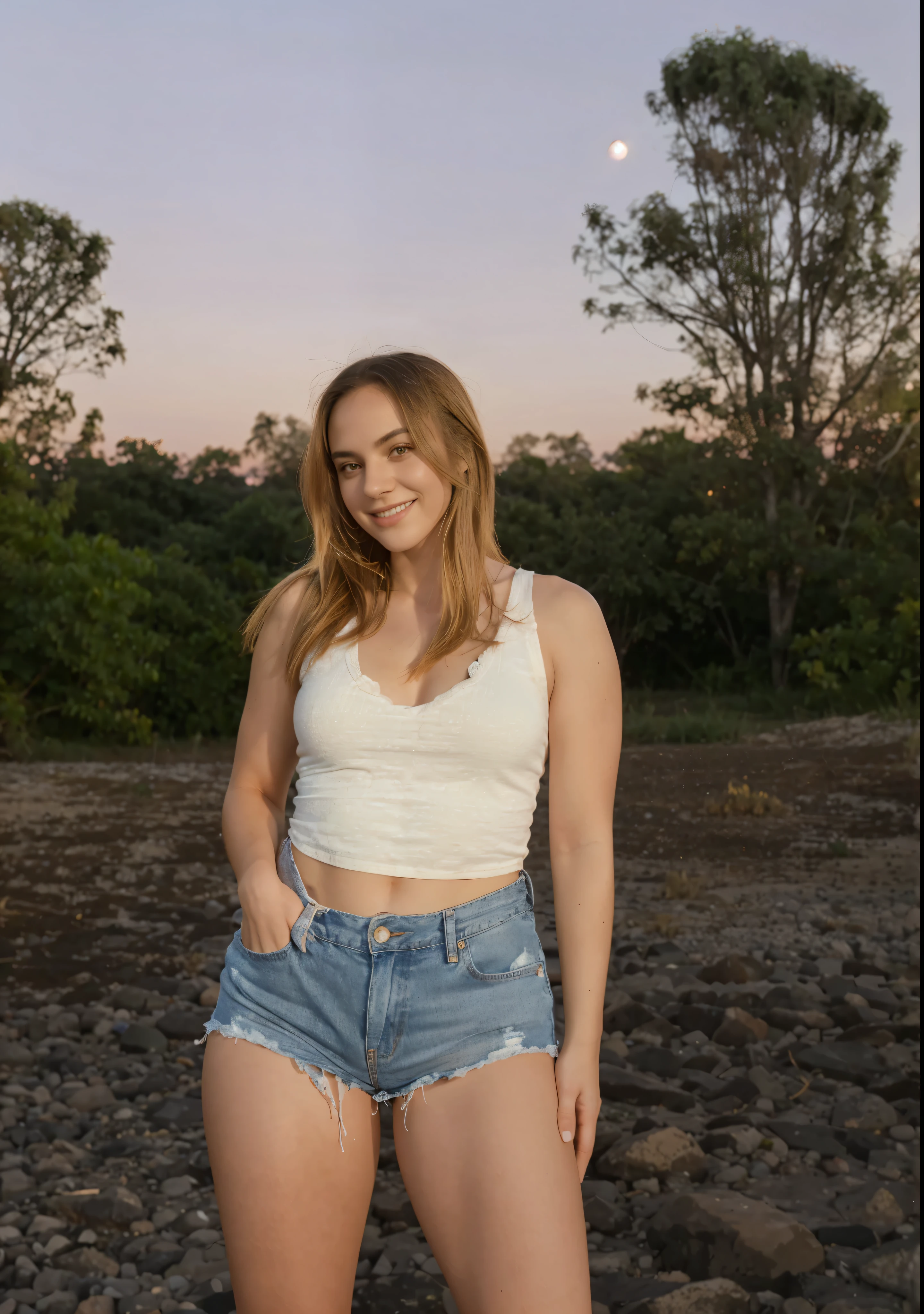 arafed woman in a white tank top and denim shorts posing for a picture, in the sunset, dressed in a top and shorts, at golden hour, at the sunset, at dusk at golden hour, wearing a sexy cropped top, with sunset, during golden hour, wearing a camisole and shorts, shot at golden hour, casual pose, at the golden hour, smile,