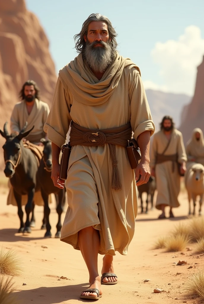 STRONG, SLIM MAN, WITH A LONG, uncut gray beard, shoulder-length gray hair, brown eyes, tanned skin, dressed in beige linen tunics covering his entire body, simple brown leather sandals, HE IS ON A TRIP WITH HIS TWO CHILDREN, TWO WOMEN, AND THEIR TWO SERVANTS, AND TWO DONKES, AND 5 SHEEP AND 4 GOATS, OBLIQUA IMAGE, 3D PIXAR CARTOON STYLE, CINEMATIC, WORK OF ART, DRAMATIC, DYNAMIC VIEW, FULL BODY.