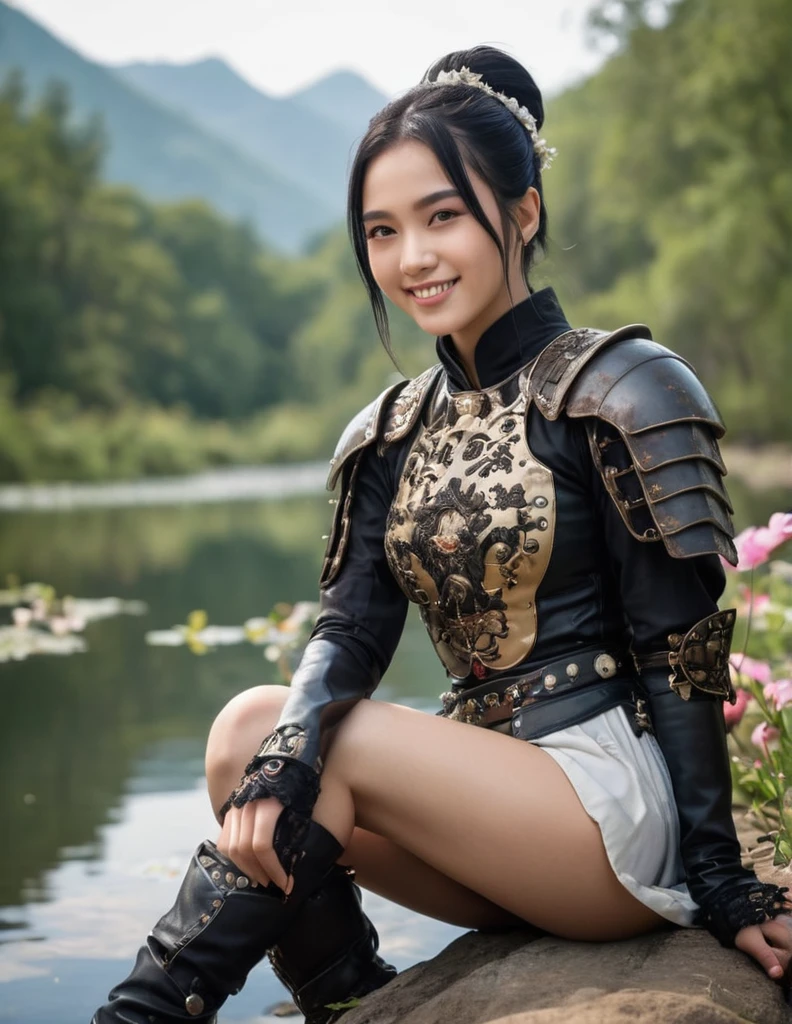 (medium shot, zoomed in upper body:1.3) (wuxia fantasy style:1.5) photo of a grinning, (perfect teeth:1.3) horny strong young 5 (Manchu:1.3) woman with short straight angled black hair, brown eyes, (tiny breasts:1.3), toned ass, (perfect hands:1.3). She is wearing (leather armor and boots:1.1). She is sitting facing diagonal to camera, in a (gothic fantasy:1.3) lake with flowers and small mushrooms, evening, bright. detailed skin texture, detailed cloth texture, detailed face, (intricate sharp details:1.5), ultra high res