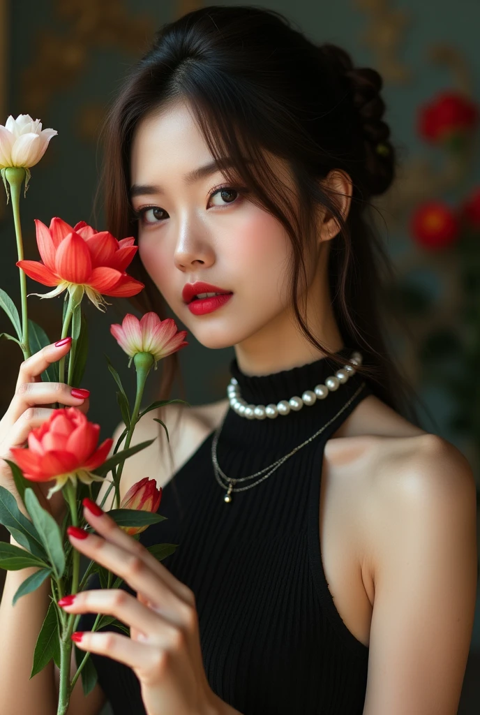 Photography,HD,Real People,1 Asian girl,Smell the flowers,The movements are natural and elegant,Slightly fat,Red nails,Beautiful facial features,Exquisite makeup,Exquisite eyes,Eye details,Dark eyeshadow,Pearl Necklace,Black high collar sleeveless,Shoulder,arm,Soft light and shadows indoors,Rich details