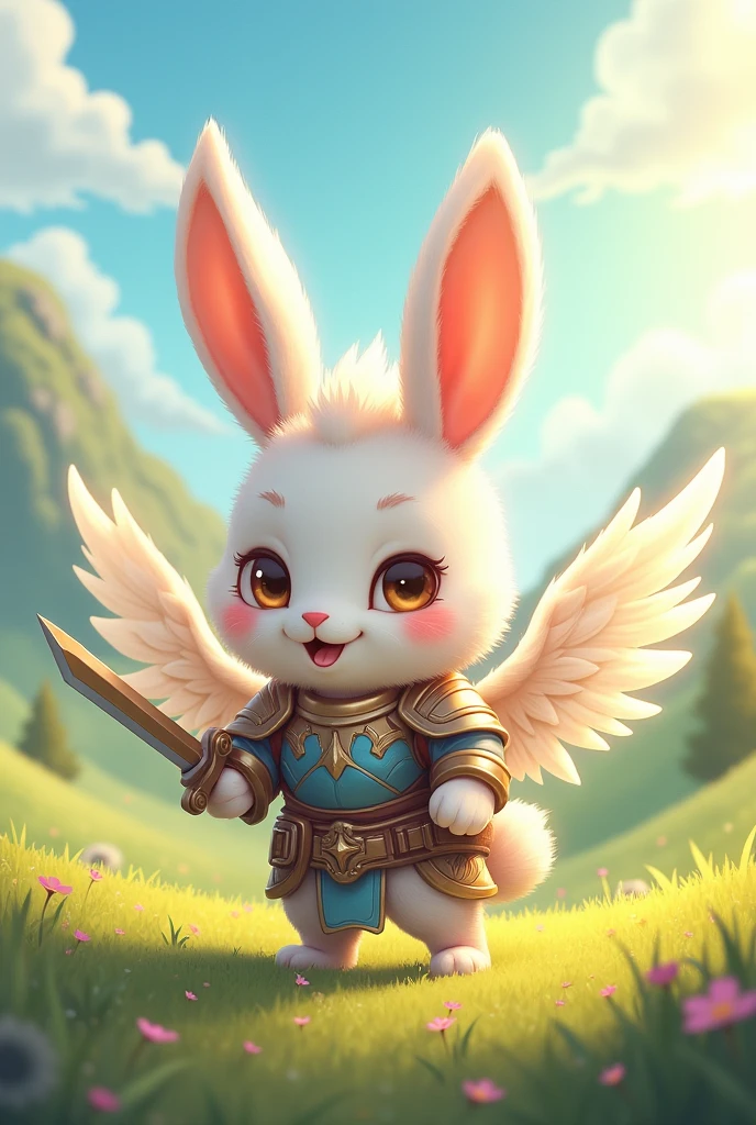 A cute warrior bunny with anime-style angel wings