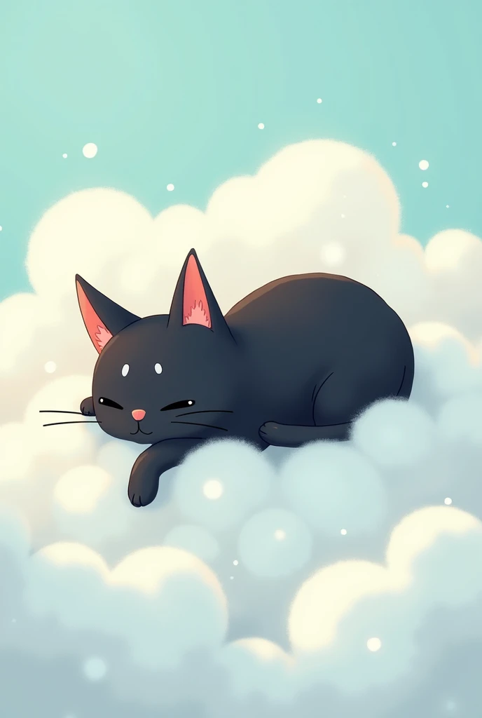 A black cat with its neck down on top of a.cloud all in cartoon 