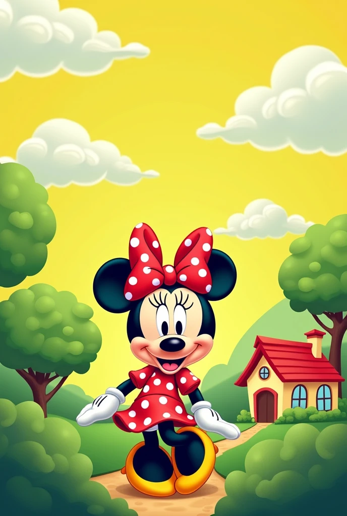 For a cover,  a lemon green background landscape. With Minnie Mouse and her big house in the background.  Clouds and trees. That the whole image looks good without gradient and that Minnie is noticeable and stands out too 
