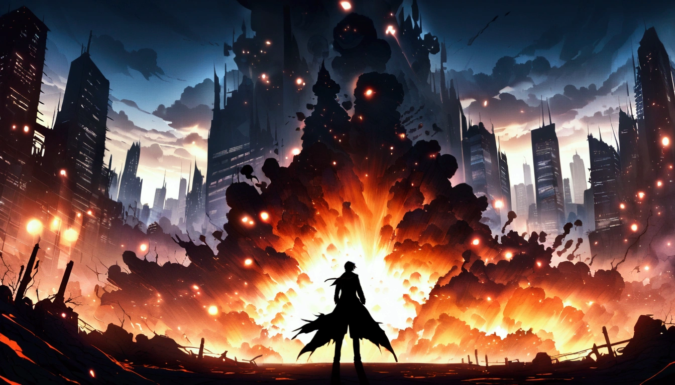 Time traveler silhouette, half-disintegrating into swarm of glowing particles, futuristic cityscape splitting between normal and apocalyptic versions, 'Death Note' anime style, dramatic lighting with temporal energy glow, colors: deep blue, vivid orange, and stark white silhouette