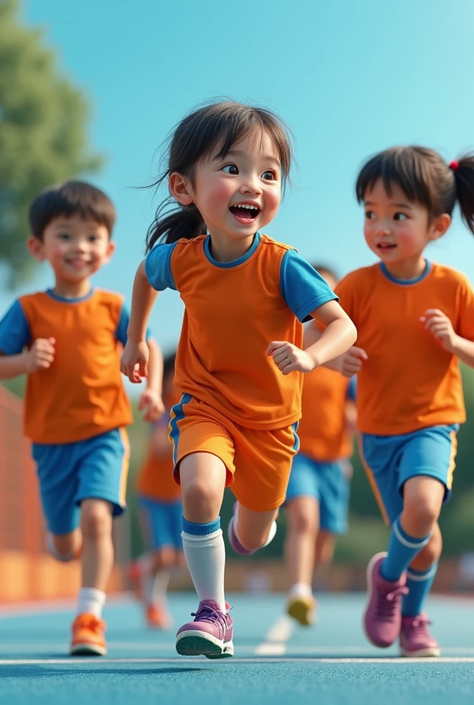 According to modern models for primary school sports competition Create a model for children, with the colors orange and blue. show children in front and back view