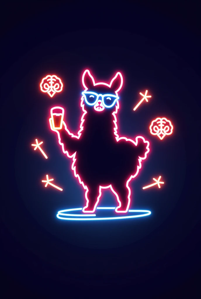 A minimalistic neon-style emblem featuring a llama in 70s, 80s, or 90s fashion, wearing trendy glasses, holding a beer, and dancing. The llama is outlined with no detailing and surrounded by simple brain icons with neon lines connecting them, suggesting a psychological theme. The design includes plenty of open space for adding large text, set against a dark background for a vibrant, party-ready look.




