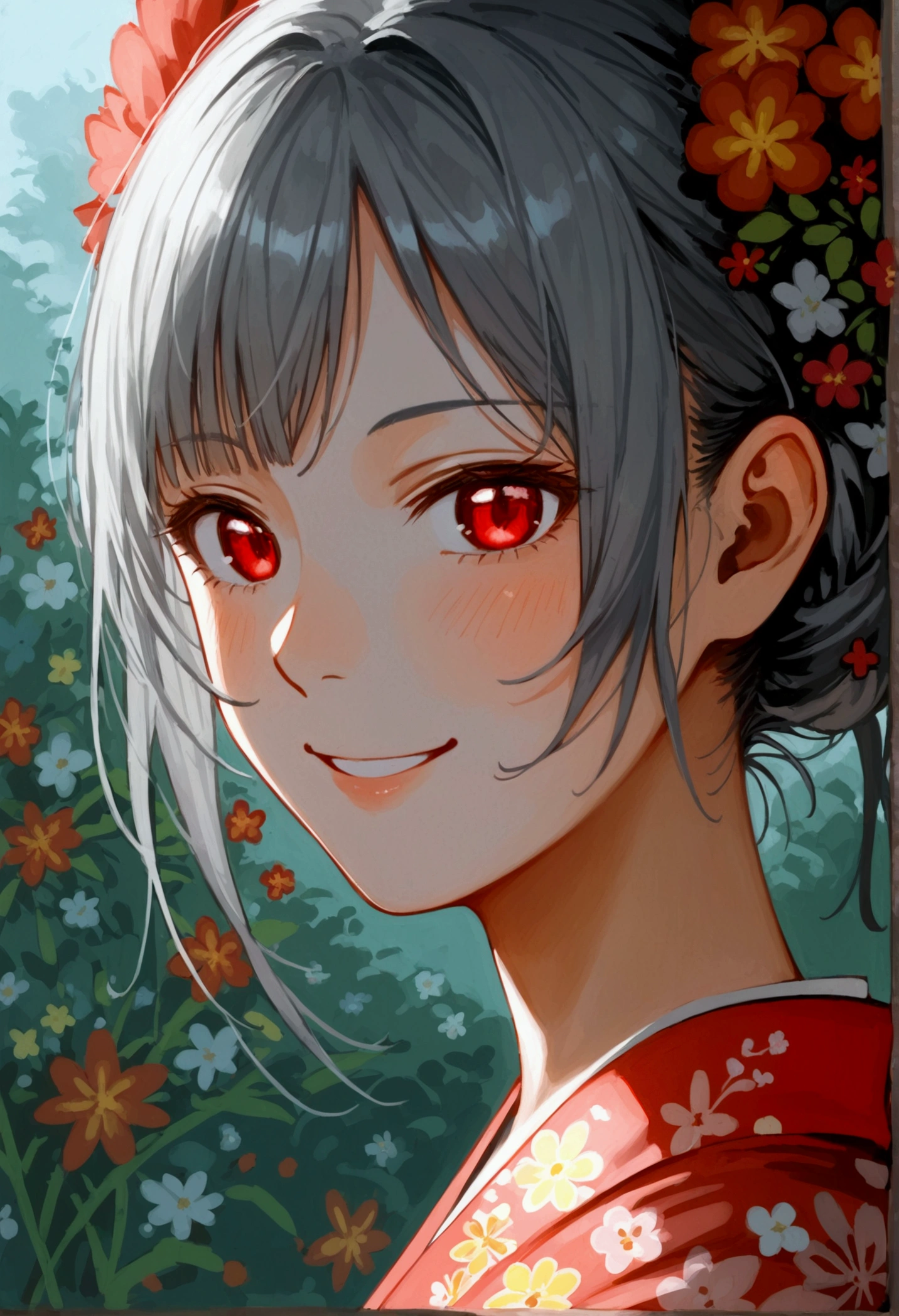 One Girl, Gray Hair, Red eyes, kimono, smile, kawaii, masterpiece, best quality, high quality, ultra detailed