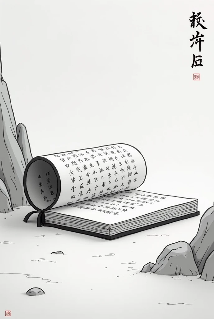 Black and white simple animation style，The ancient sample of Shan Hai Jing is slowly opened，As each page turns，The traditional Chinese brush and ink style gradually emerges
