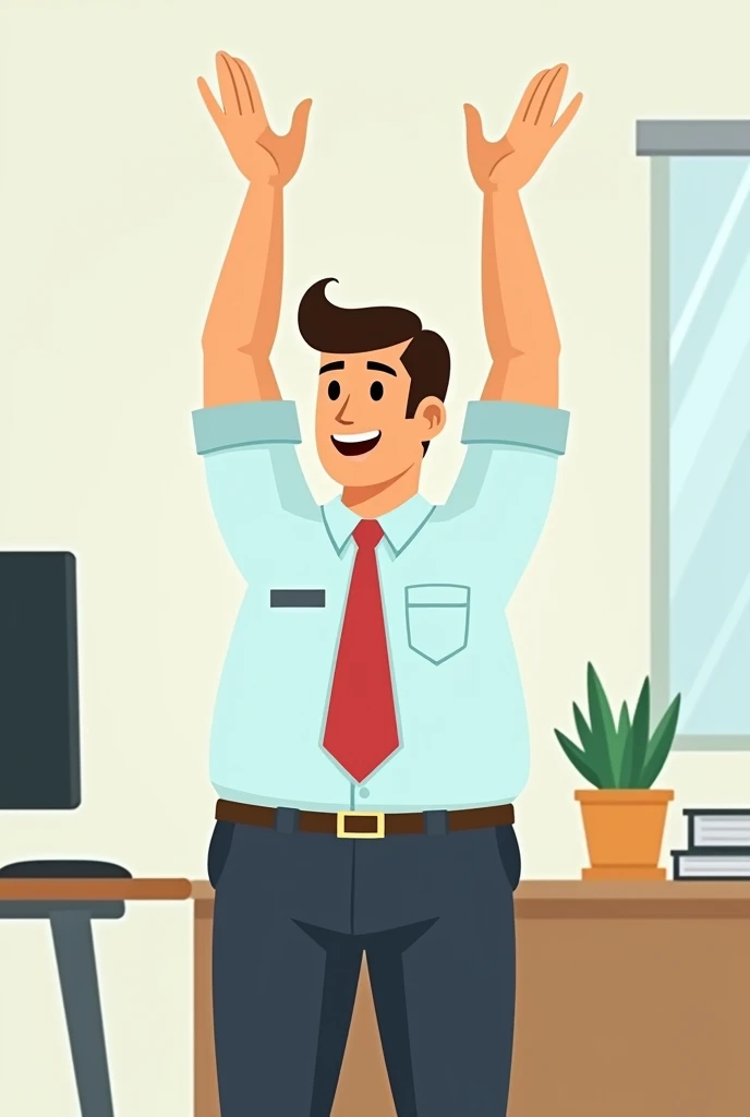  The person is raising both arms upwards, with open hands and moving them to the sides, possibly representing a stretch of the arms or shoulders. cartoon version with office clothes