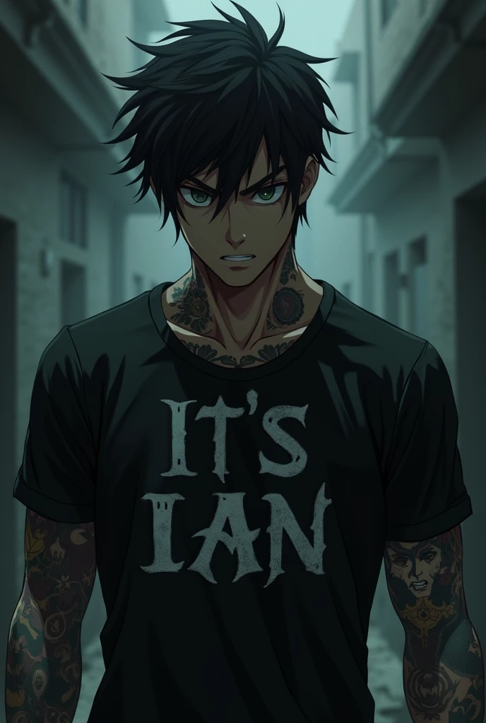 Dark anime character tattooed Chinese man with the letters "It's ian" on the t-shirt with a dark background smoking