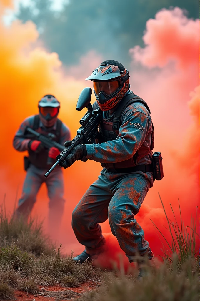 Create a paintball video with lots of color and design Paintball players in a paintball war of direction and heat smoke