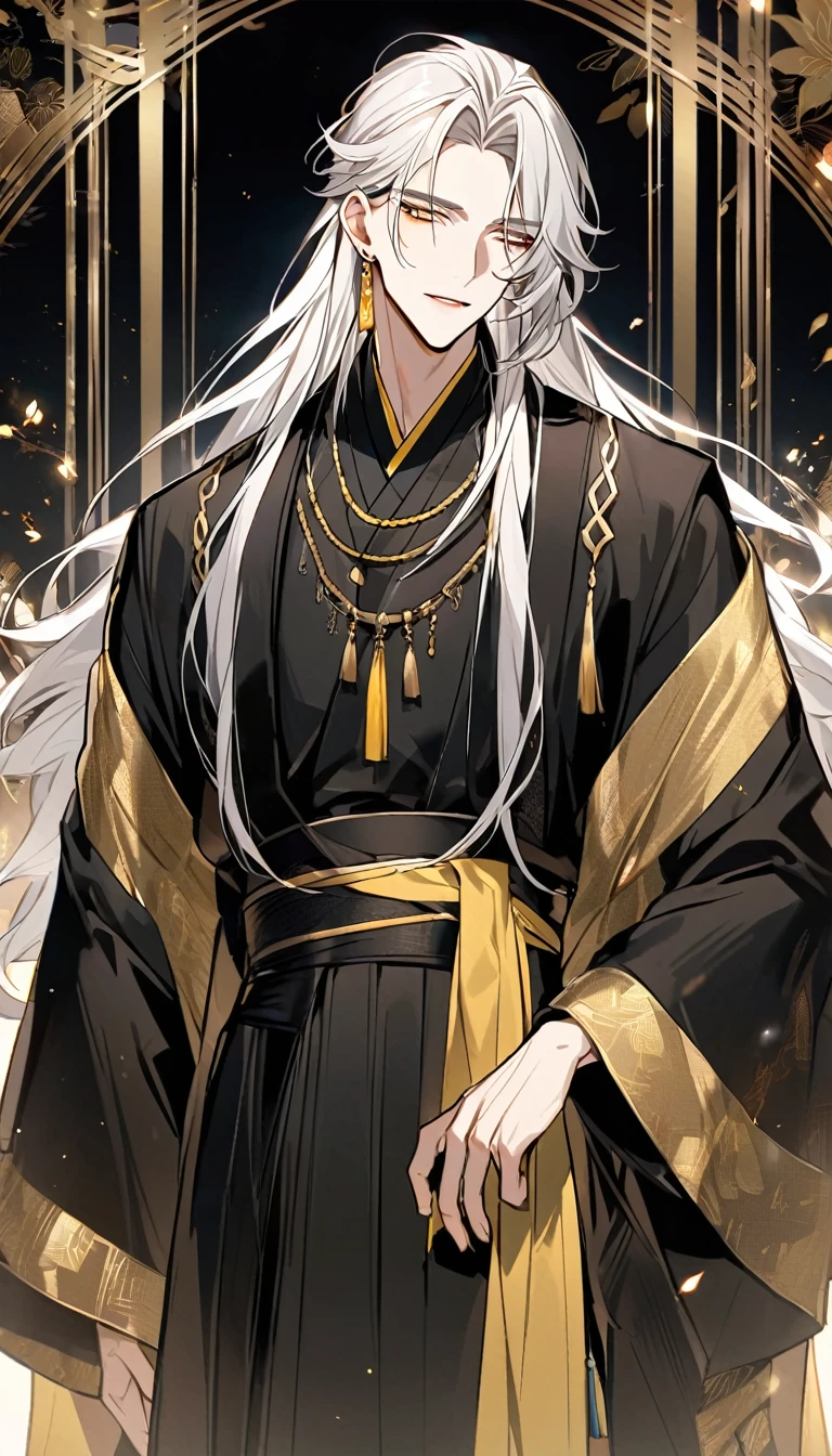 Handsome, solo, 1 male, long hair, white hair, yelow eye, wearing a black Hanfu, bul blackHanfu, Charming male god,  