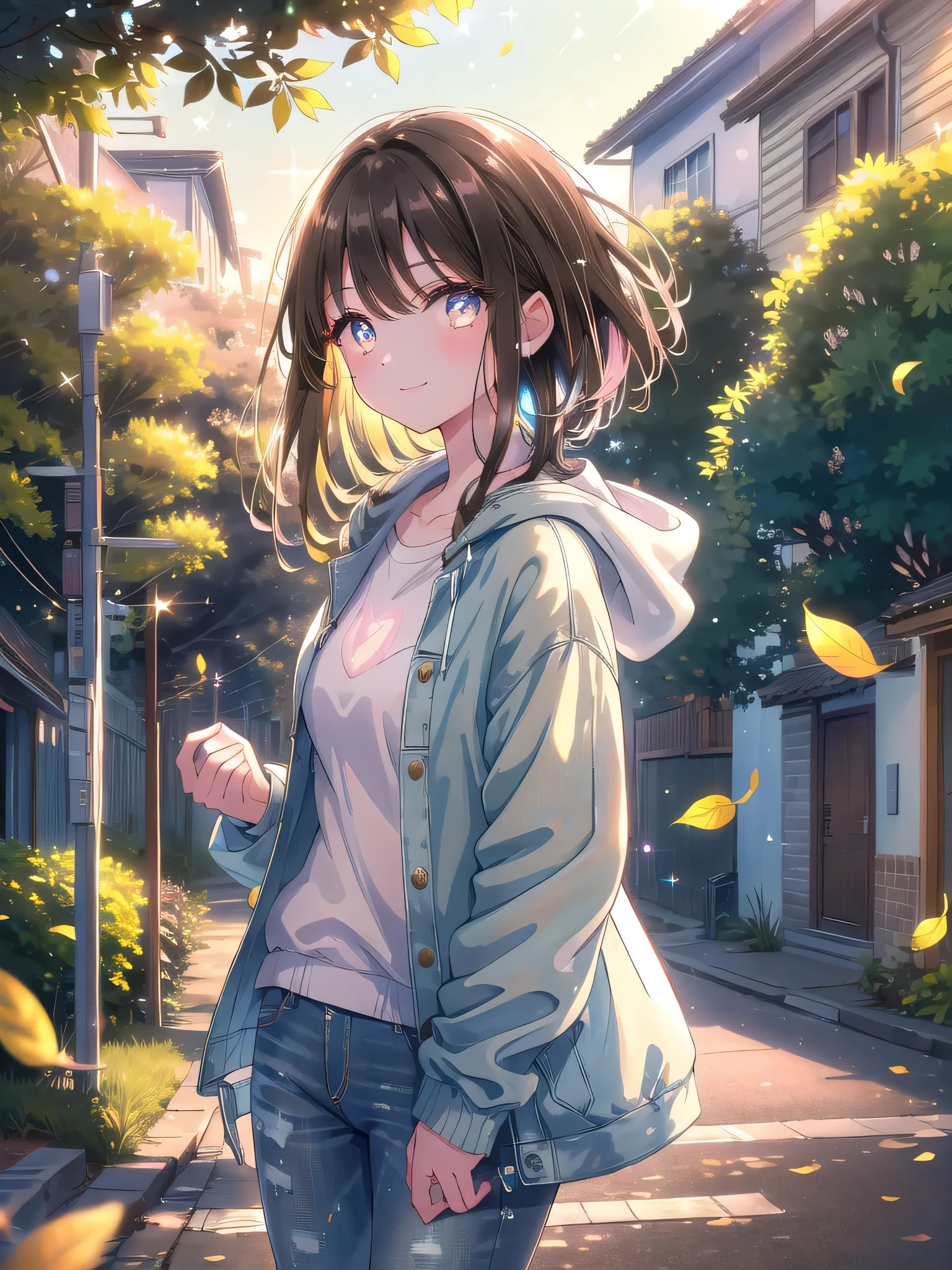 ((8k, Highest quality, masterpiece: 1.3)),Ultra-high resolution,(1 girl, alone), (Color changing eyes, Ultra-detailed, Expressive brilliance, Glitter, Glowing Eyes), Highly detailed eyes, Highly detailed face, Random Hair, ((pastel colour))A young woman with straight, shoulder-length black hair walks hand-in-hand with her partner through a quiet neighborhood street. She’s dressed in a light jacket and jeans, her expression peaceful and reflective as she enjoys the cool evening air. Her brown eyes occasionally glance at the camera with a content smile, sharing the tranquility of the moment. The street is lined with trees, their leaves rustling in the gentle breeze, and the sky is painted with the soft colors of sunset.